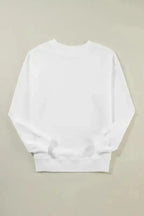 Back view of white classic crewneck sweatshirt. Features ribbed cuffs and hem for a snug, comfortable fit.