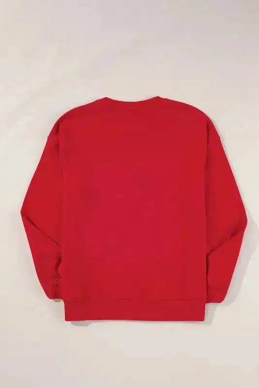 Back view of red classic crewneck sweatshirt. Solid color design with ribbed hem for a snug fit.