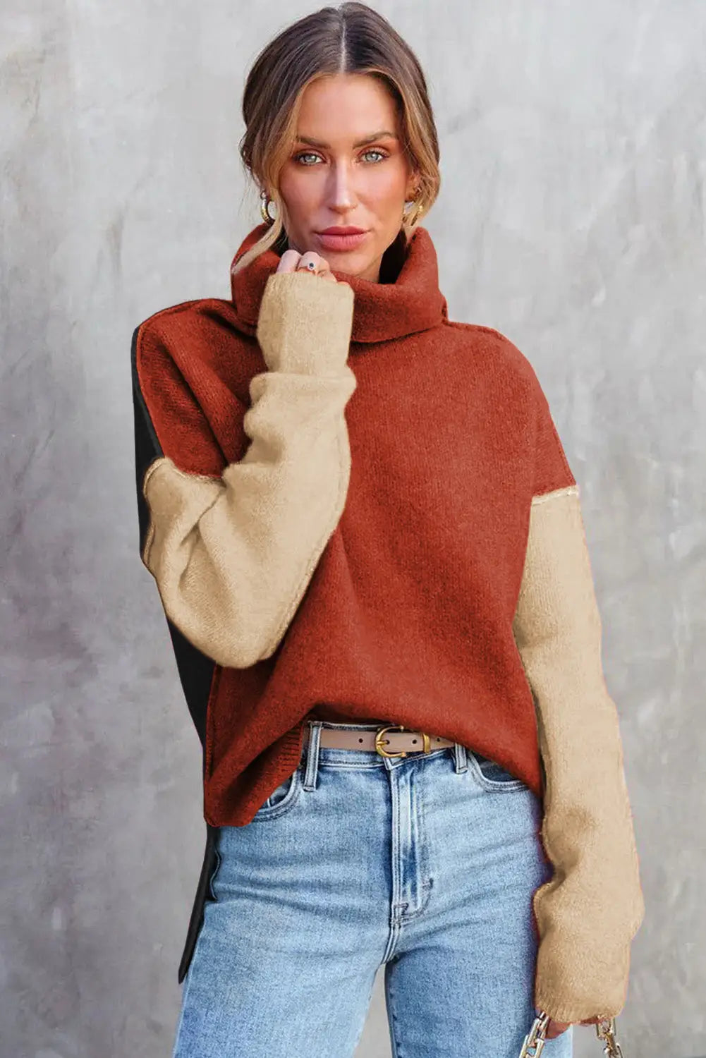 Clay red color block turtle neck drop shoulder knit sweater - sweaters & cardigans