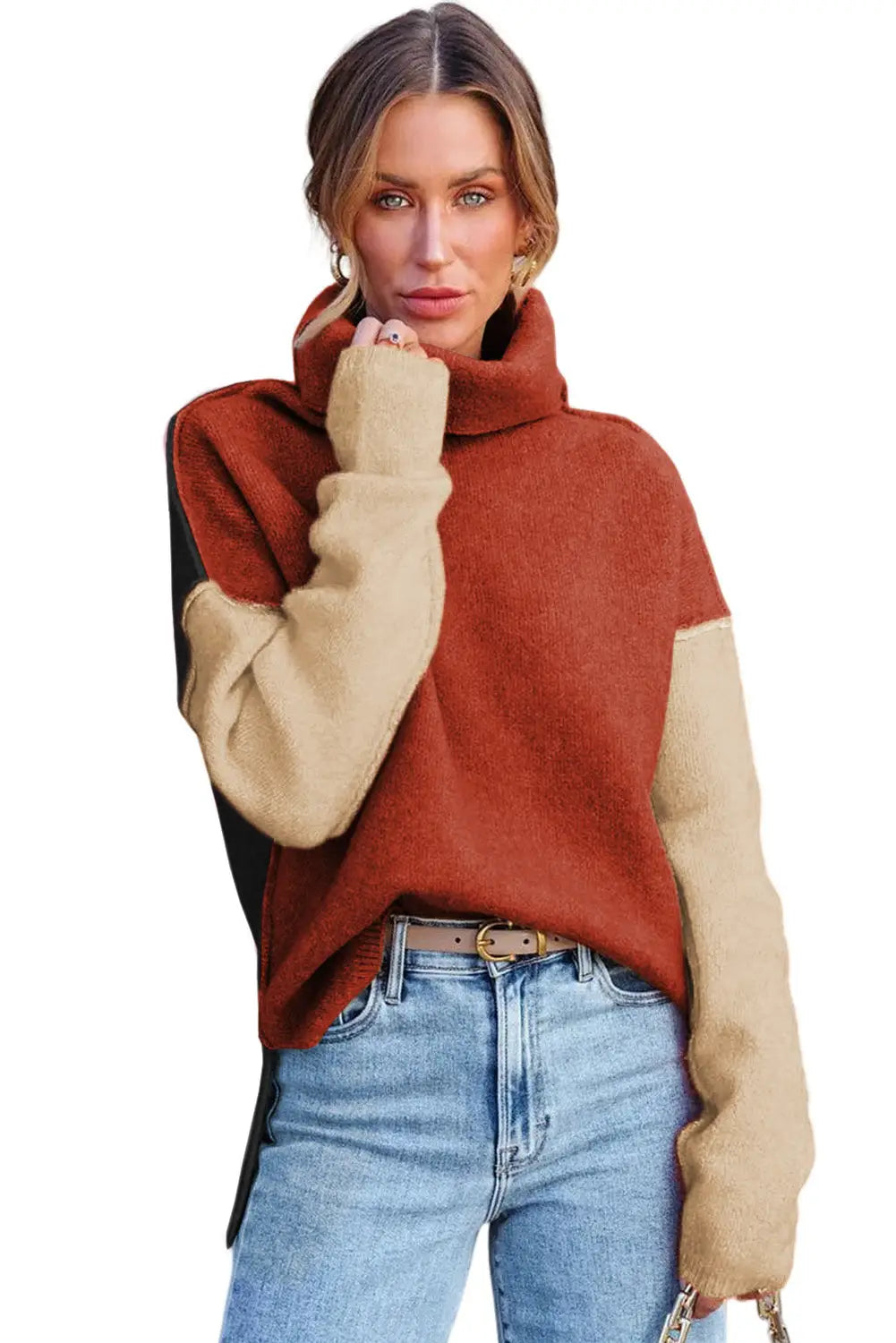 Clay red color block turtle neck drop shoulder knit sweater - sweaters & cardigans