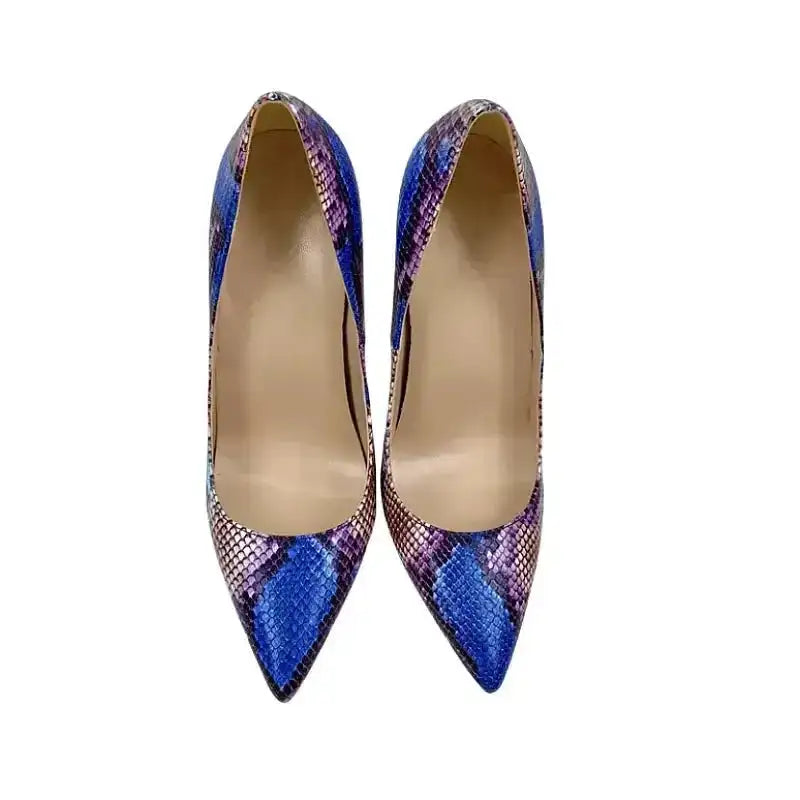 Overhead view of Cobalt Snake Heels - Viper Pumps revealing symmetrical pointed toes and vibrant snake pattern finish.