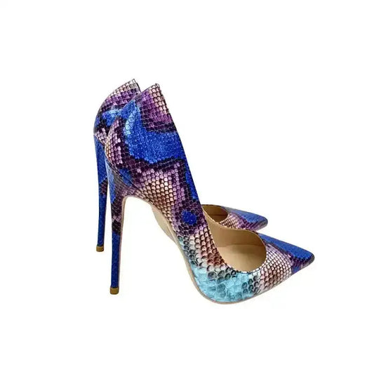 Cobalt Viper Pumps with 12cm stiletto heel and slip-on style, highlighted in a vivid blue and purple snake print for standout fashion.
