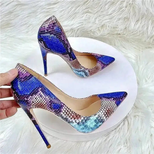 Cobalt Viper Snake Heels featuring a vibrant multicolor snake pattern and sleek pointed design, perfect for bold fashion statements.