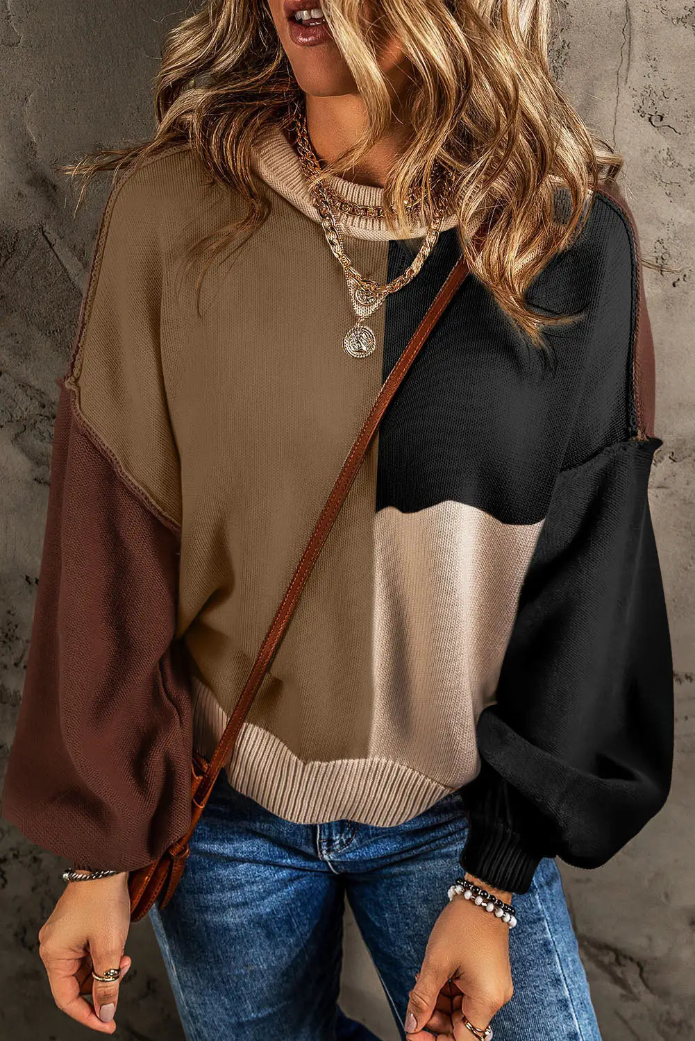 Coffee colorblock bishop sleeve ribbed trim sweater - chicory / l / 55% acrylic + 45% cotton - sweaters & cardigans