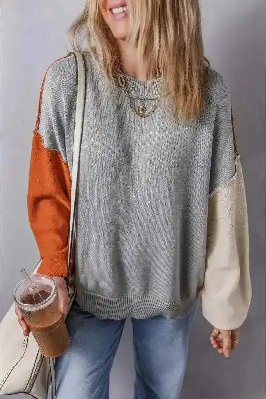 Coffee Leopard Print Colorblock Pullover Sweater - New styled with light denim, showing oversized fit and neutral color palette.