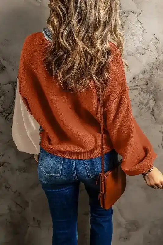 Back view of Coffee Leopard Print Colorblock Pullover Sweater - New in rust and cream sleeves, showing casual drape and soft knit.