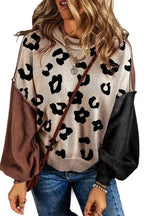 Coffee Leopard Print Colorblock Pullover Sweater - Fashionfitz