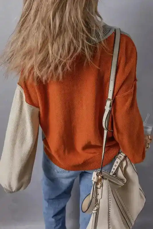 Back view of Coffee Leopard Print Colorblock Pullover Sweater - New, highlighting rust back panel and cream sleeve with casual styling.