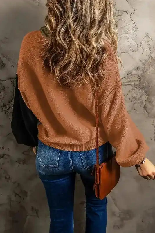 Back view of Coffee Leopard Print Colorblock Pullover Sweater - New, showing rust and black colorblock sleeves and relaxed fit.