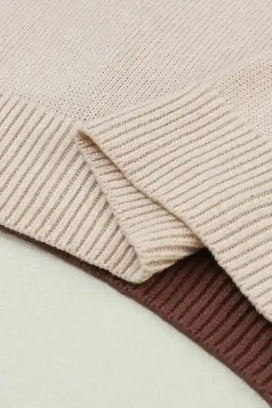 Close-up of ribbed hem and layered knit texture on Coffee Leopard Print Colorblock Pullover Sweater in beige and brown.