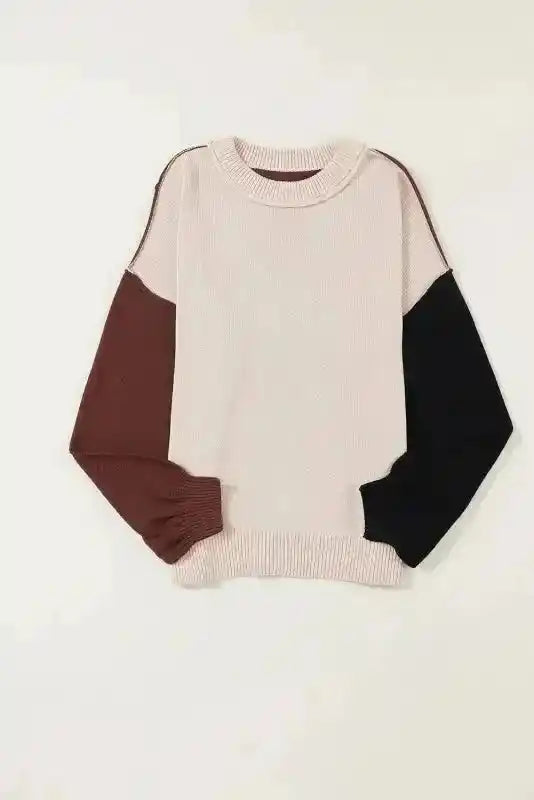 Flat lay of Coffee Leopard Print Colorblock Pullover Sweater showing beige front, brown and black sleeves, ribbed hem and collar.