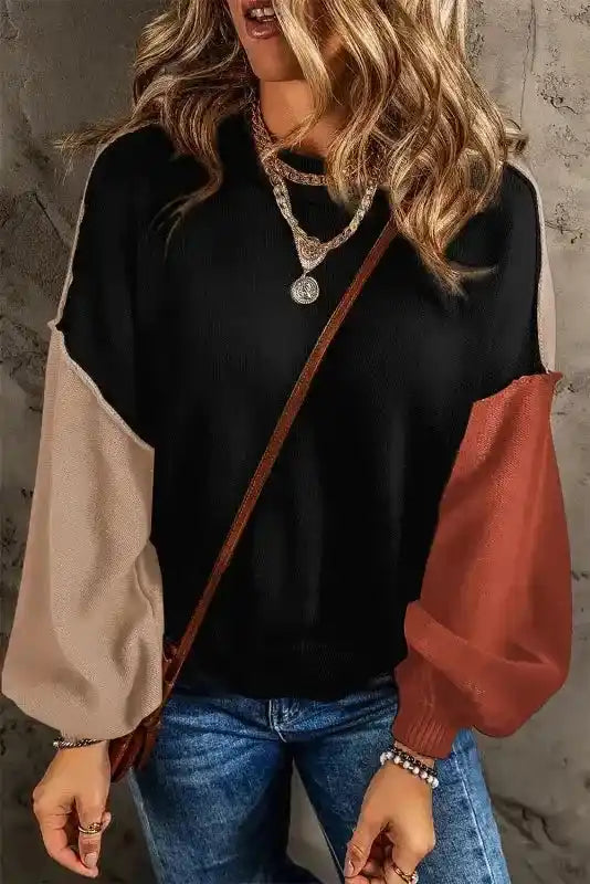 Alternate version of Coffee Leopard Print Colorblock Pullover Sweater with black front, beige and rust colorblock sleeves.