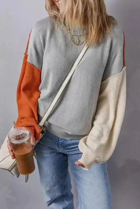 Coffee Leopard Print Colorblock Pullover Sweater - New in gray, rust, and cream, styled with crossbody bag and casual jeans.