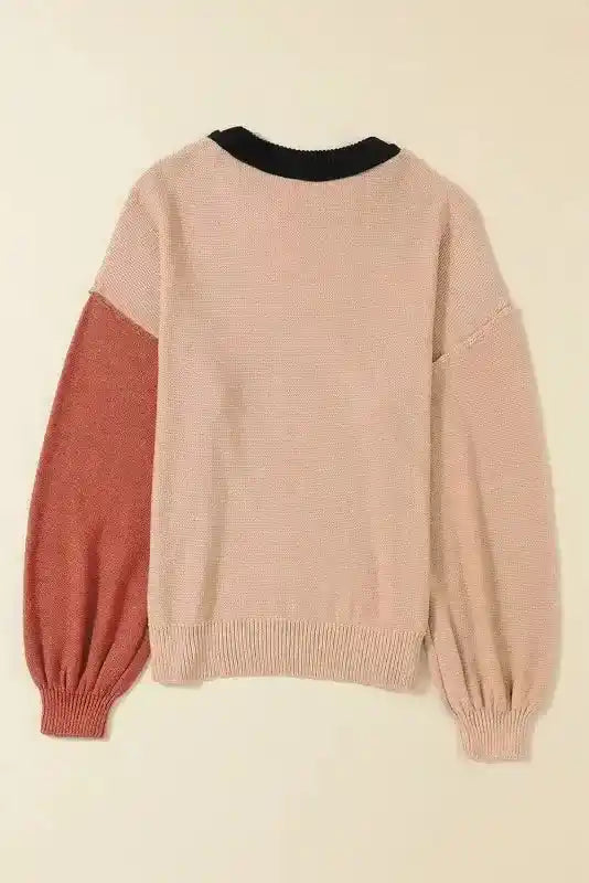 Back flat lay of alternate Coffee Leopard Print Colorblock Pullover Sweater showing beige body and rust sleeve.