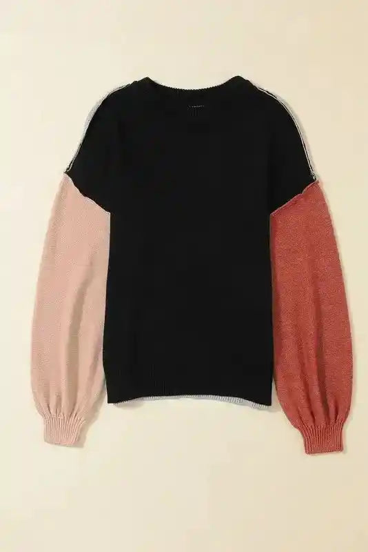 Flat lay of alternate Coffee Leopard Print Colorblock Pullover Sweater with black front, beige and rust sleeves.