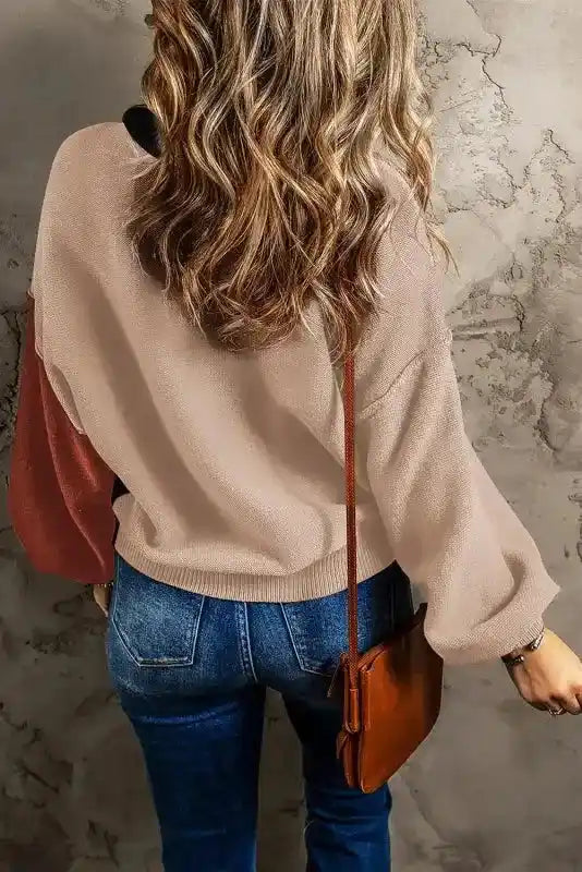 Back view of alternate Coffee Leopard Print Colorblock Pullover Sweater with beige back and rust sleeve, casual fit.