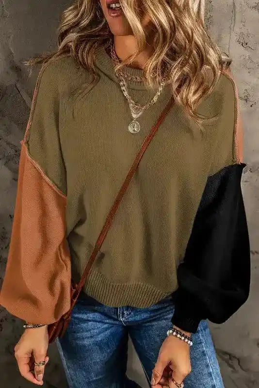 Front view of Coffee Leopard Print Colorblock Pullover Sweater - New in olive, rust, and black blocks, styled with jeans and layered necklaces.