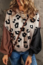 Coffee Leopard Print Colorblock Pullover Sweater - Fashionfitz
