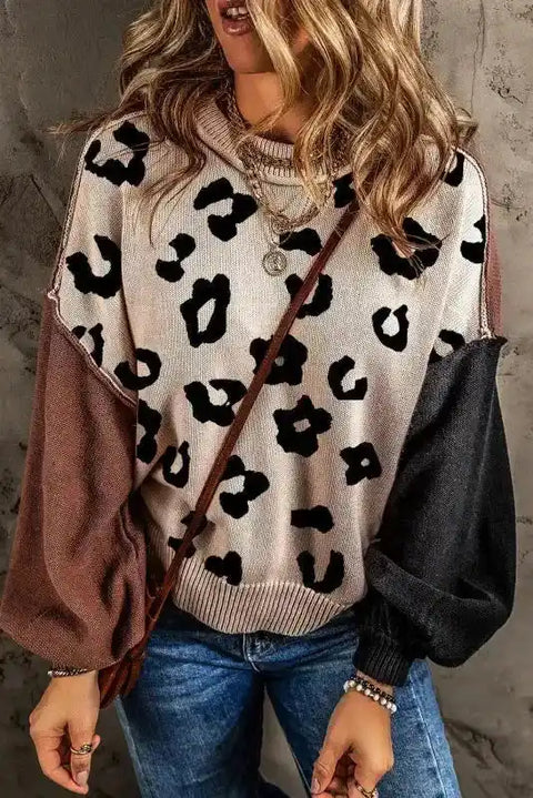 Coffee Leopard Print Colorblock Pullover Sweater with slouchy fit and bold black leopard spots on beige front, brown and black sleeves.