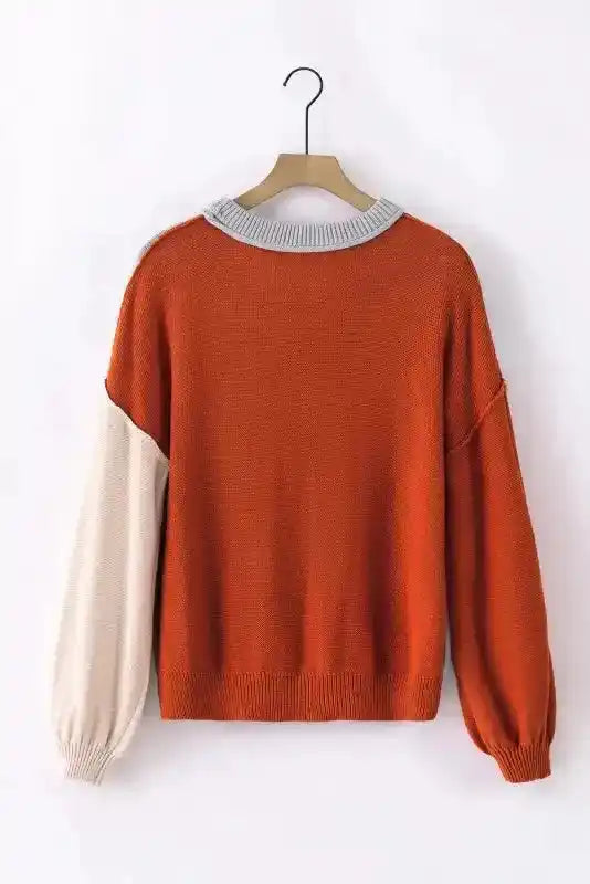Back view of Coffee Leopard Print Colorblock Pullover Sweater showing solid orange back and beige sleeve. Stylish colorblock design for casual wear.