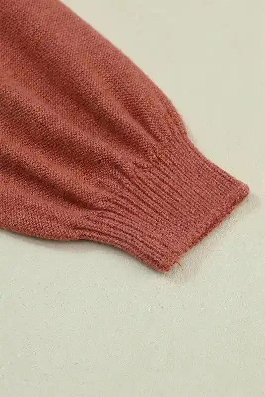 Detail of ribbed cuff on Coffee Leopard Print Colorblock Pullover Sweater - New, highlighting soft rust-colored sleeve knit.
