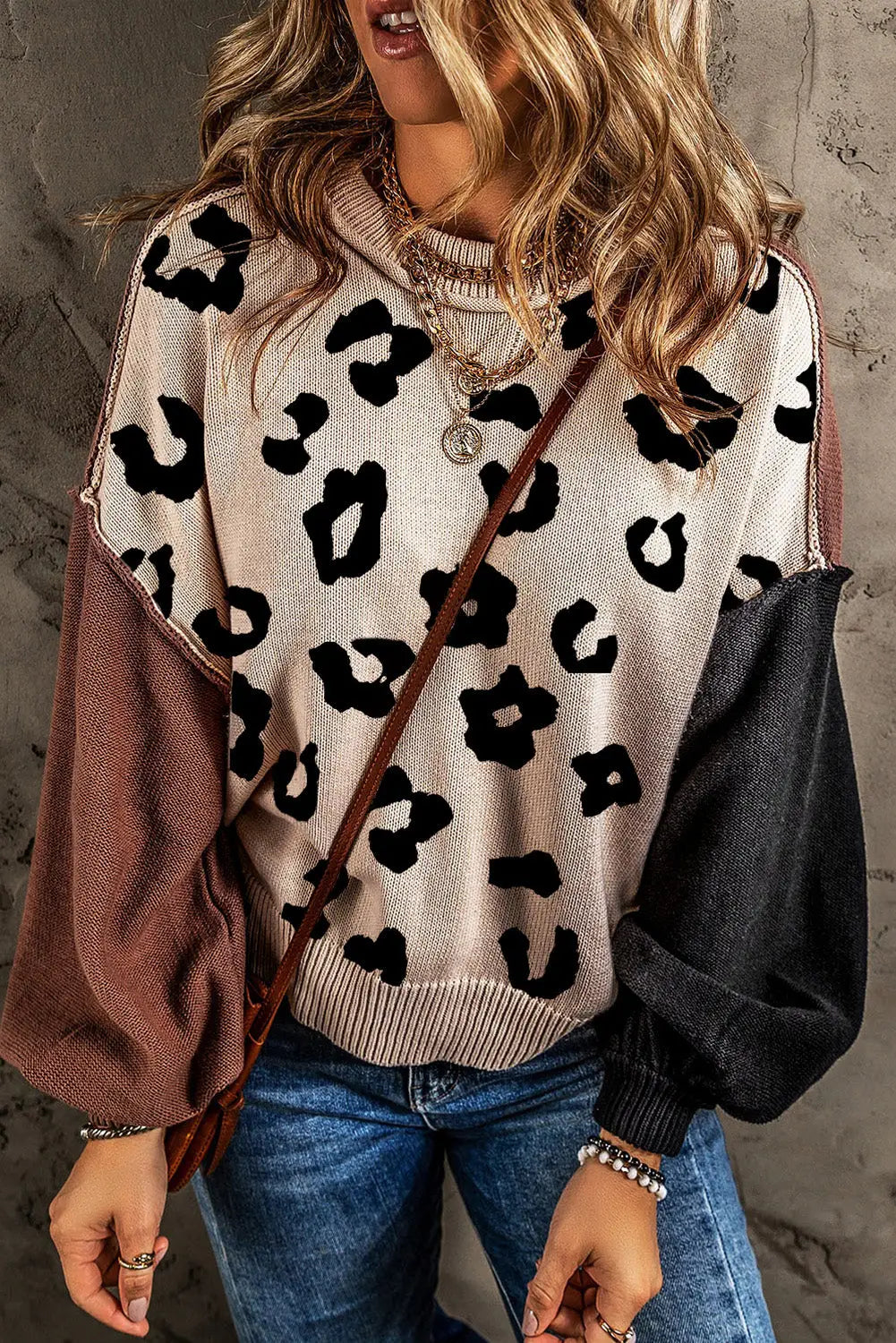 Coffee leopard print colorblock pullover sweater - s / 55% acrylic + 45% cotton - tops