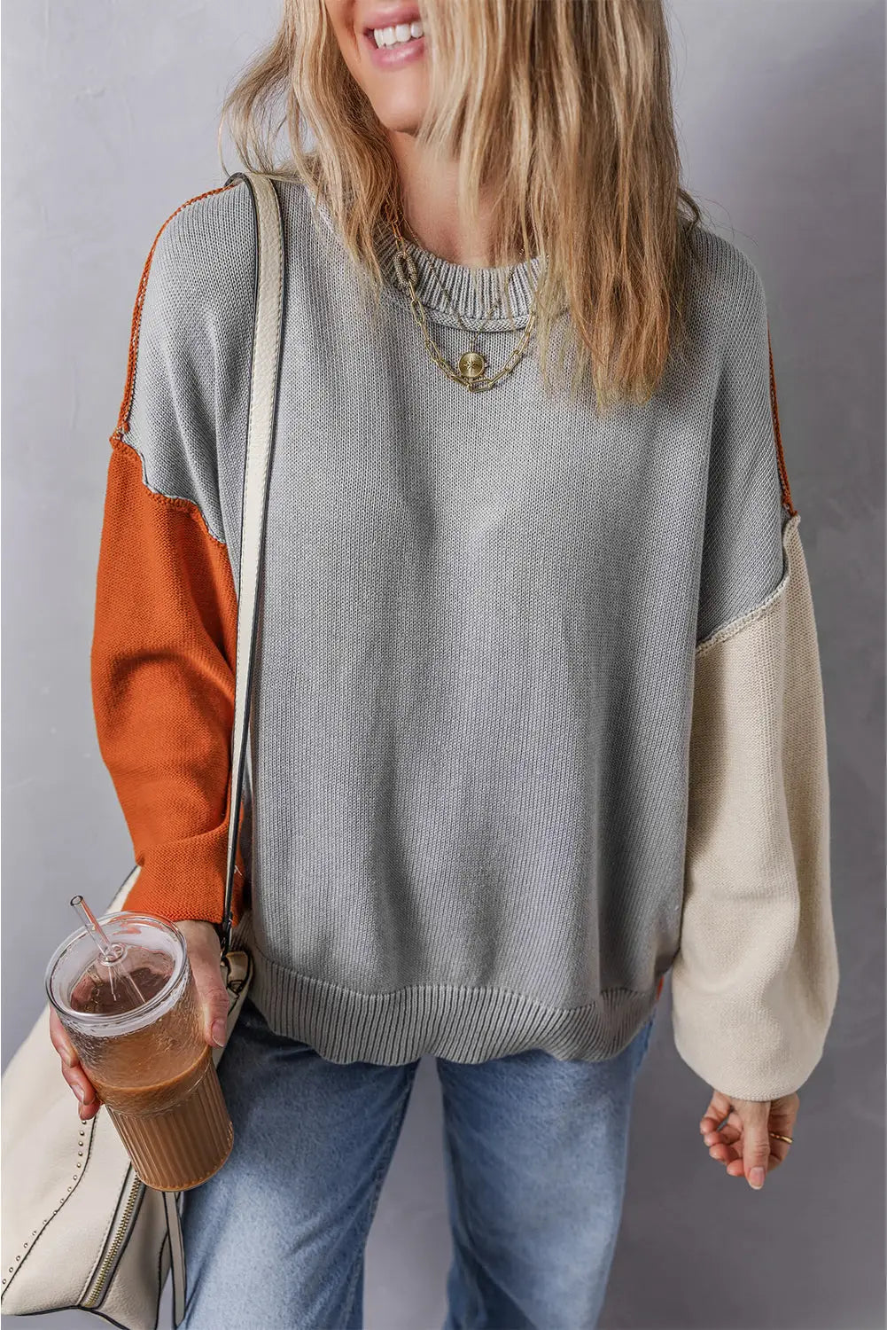 Coffee leopard print colorblock pullover sweater - tops