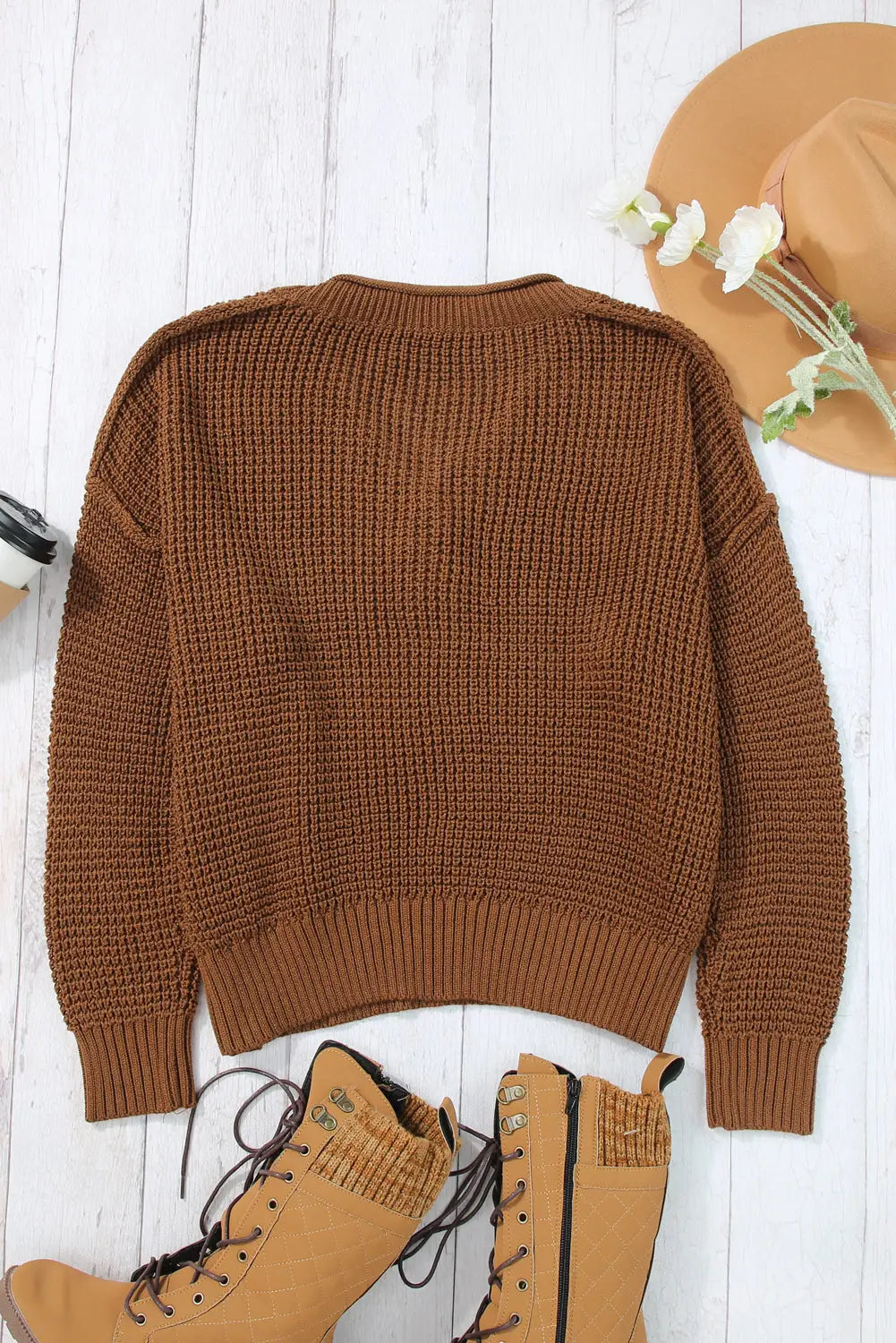 Coffee pointelle knit button v neck drop shoulder sweater - sweaters & cardigans