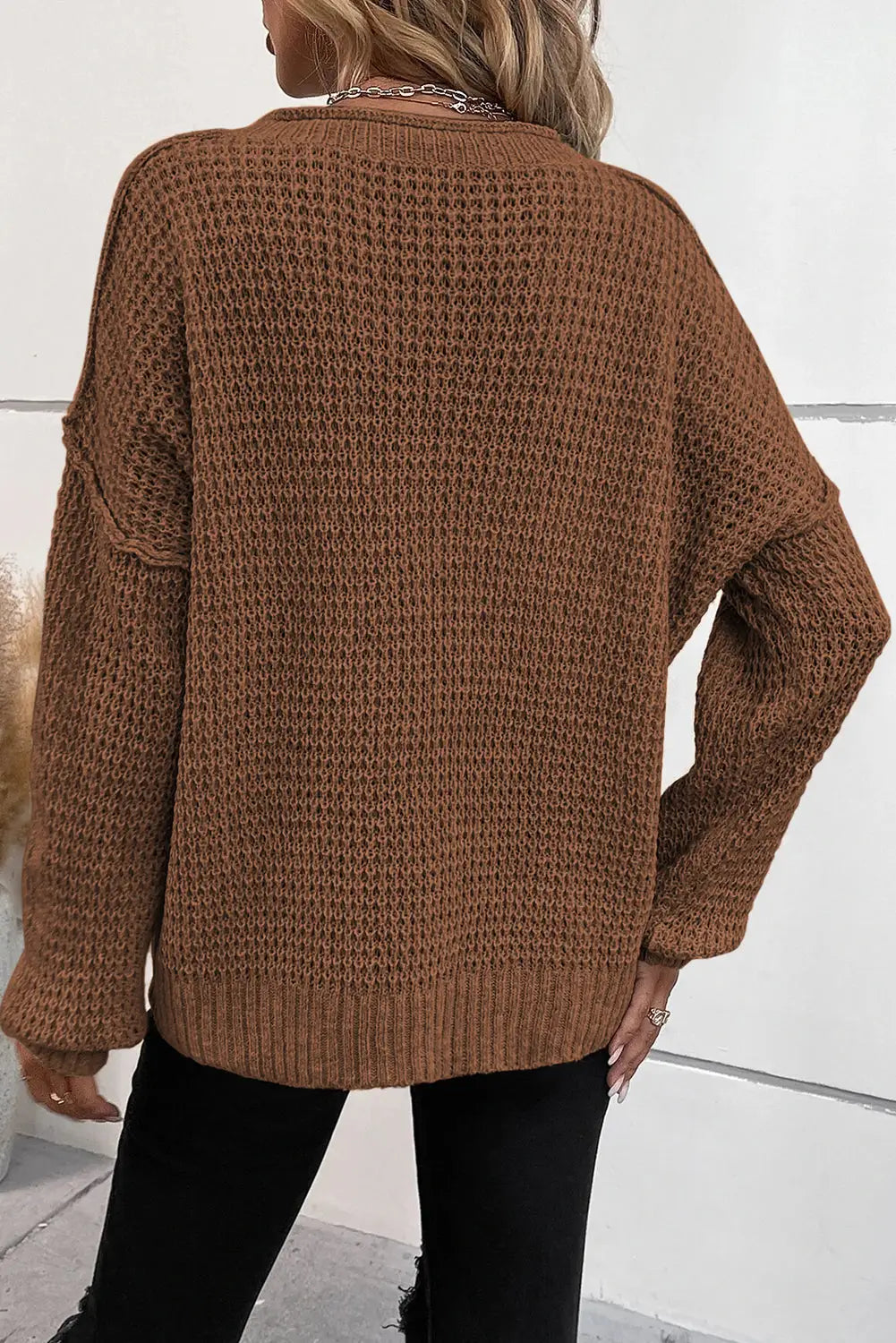Coffee pointelle knit button v neck drop shoulder sweater -