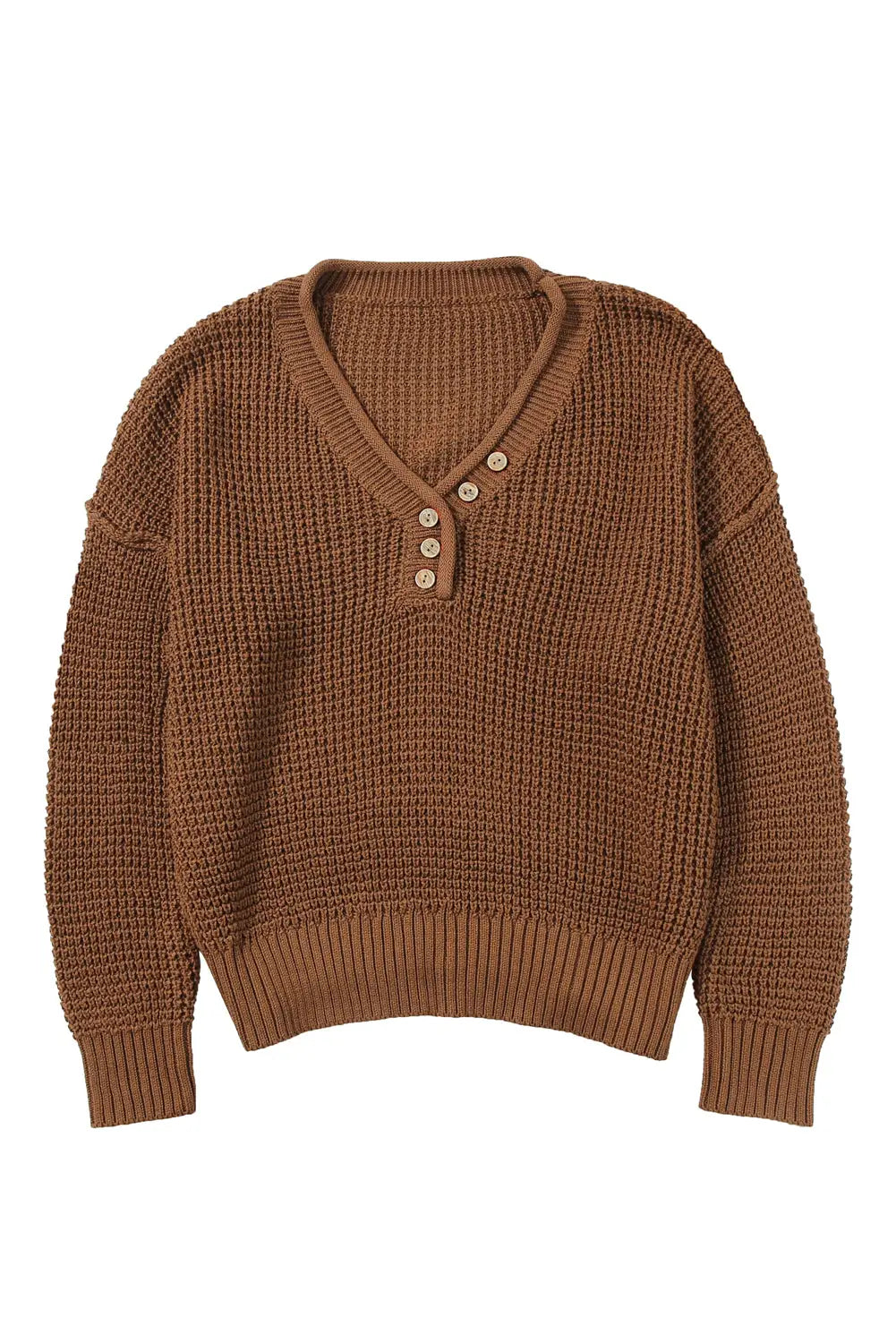 Coffee pointelle knit button v neck drop shoulder sweater - sweaters & cardigans