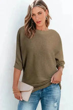 Coffee Round Neck Half Sleeve Ribbed Knit Top - Fashionfitz