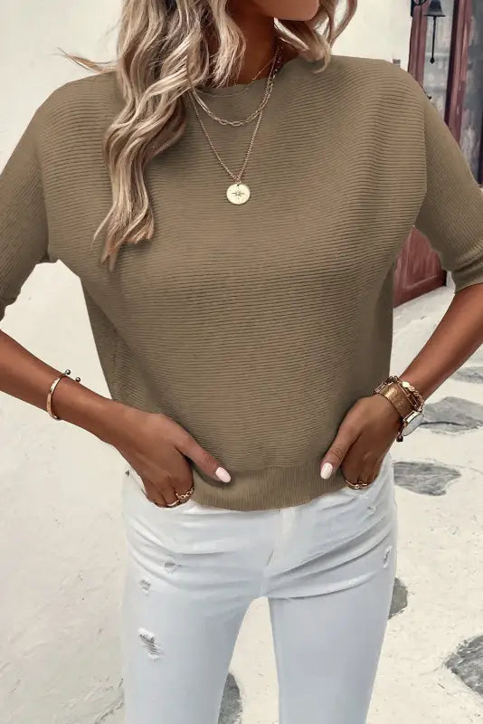 Coffee round neck half sleeve ribbed knit top - sweaters &