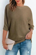 Coffee Round Neck Half Sleeve Ribbed Knit Top - Fashionfitz