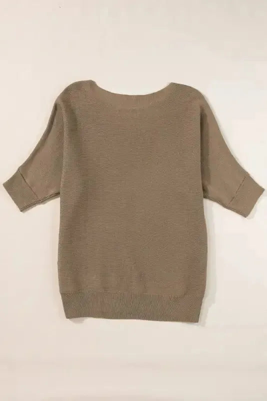 Coffee Round Neck Half Sleeve Ribbed Knit Top - Fashionfitz