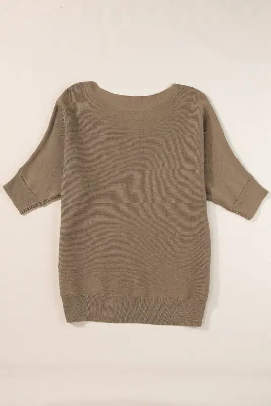 Coffee round neck half sleeve ribbed knit top - sweaters &