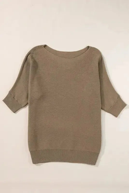 Coffee Round Neck Half Sleeve Ribbed Knit Top - Fashionfitz