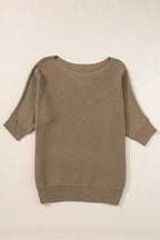 Coffee Round Neck Half Sleeve Ribbed Knit Top - Fashionfitz