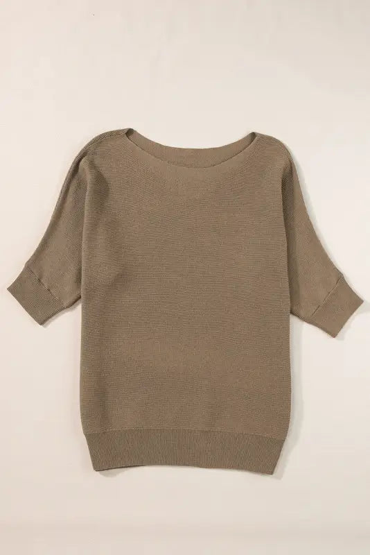 Coffee round neck half sleeve ribbed knit top - sweaters &