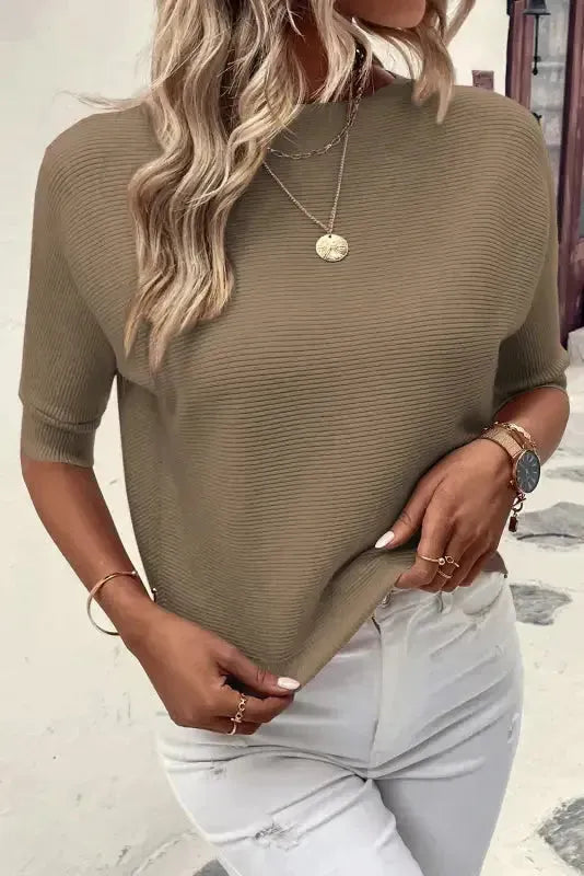 Coffee Round Neck Half Sleeve Ribbed Knit Top - Fashionfitz