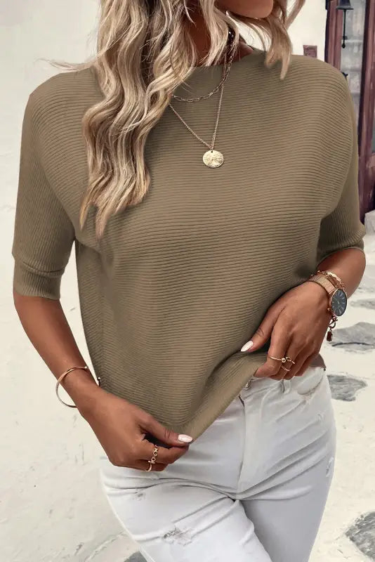 Coffee round neck half sleeve ribbed knit top - sweaters &