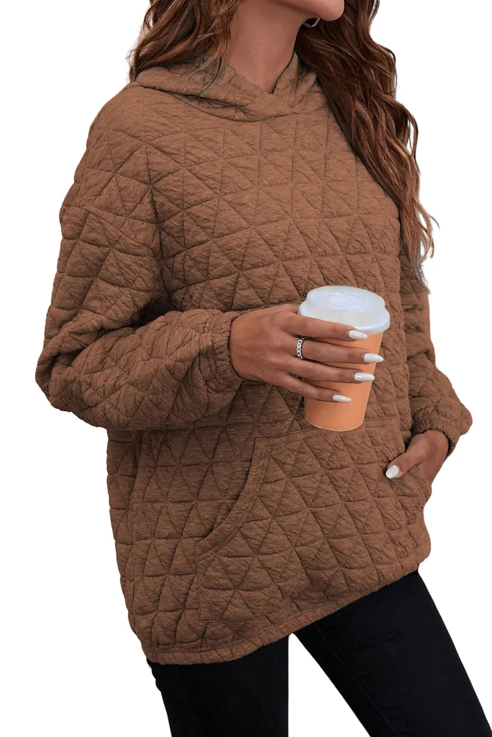 Coffee solid color quilted kangaroo pocket hoodie - sweatshits & hoodies
