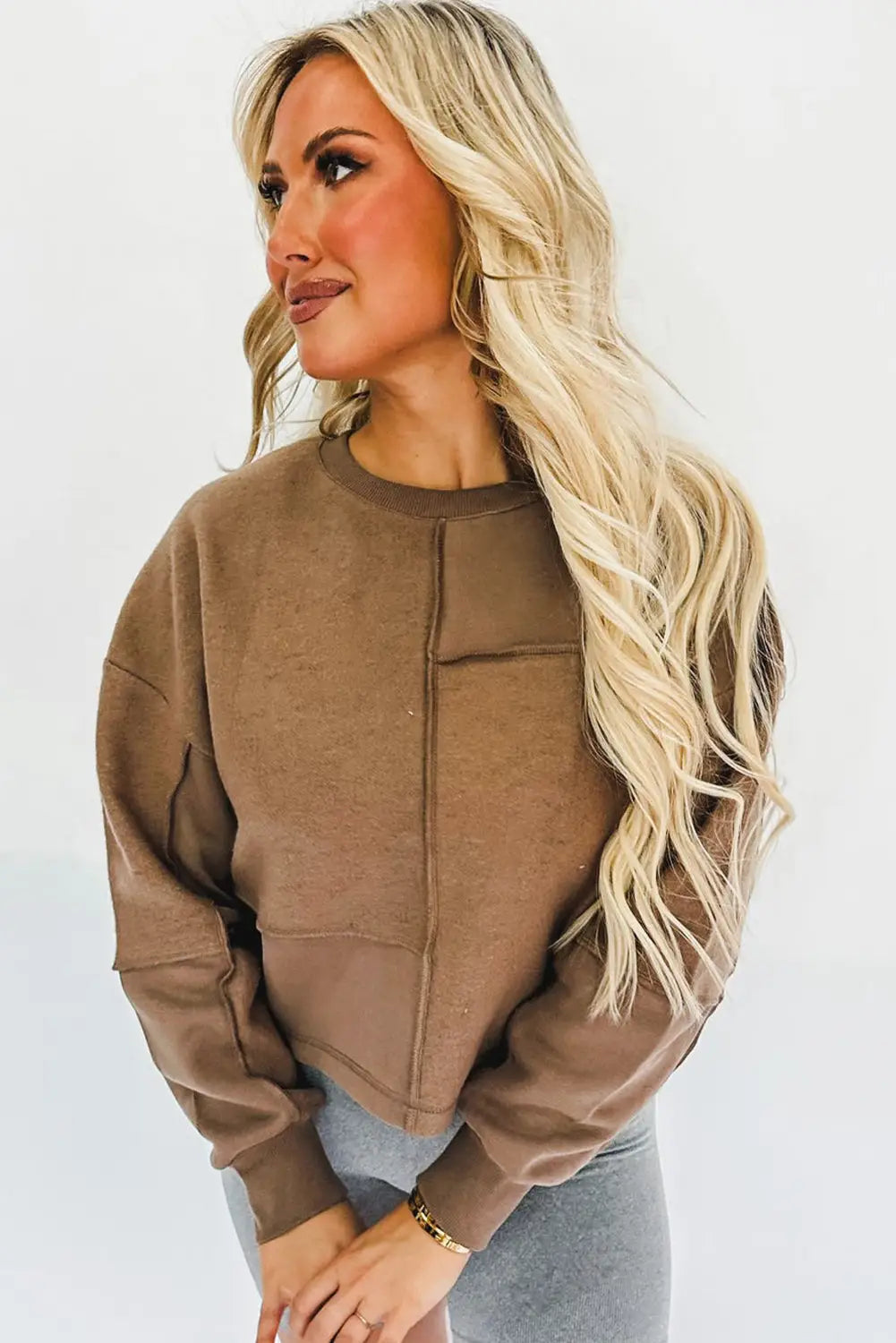 Coffee solid exposed seam pullover sweatshirt - sweatshits & hoodies