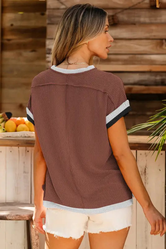 Coffee t-shirt - textured contrast trim round neck - tops/tops & tees