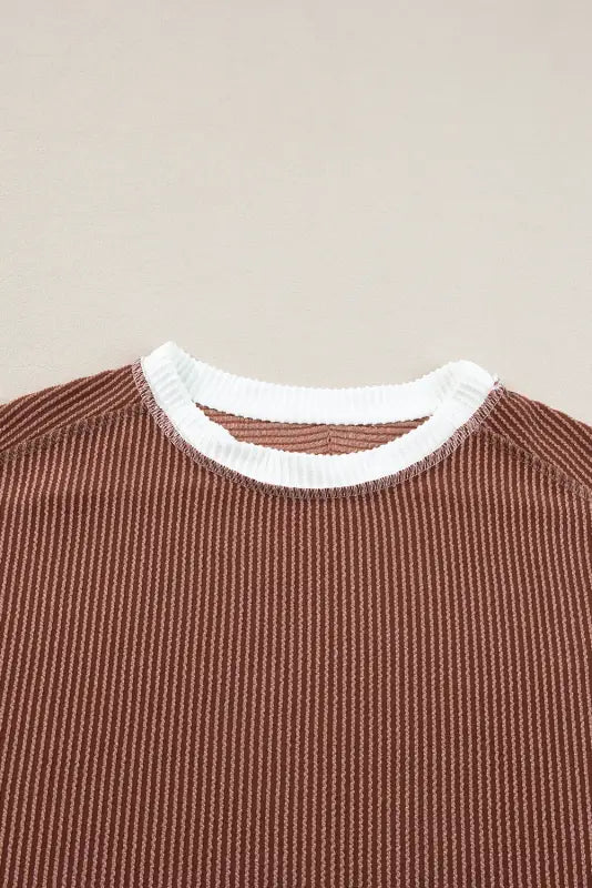 Coffee t-shirt - textured contrast trim round neck - tops/tops & tees