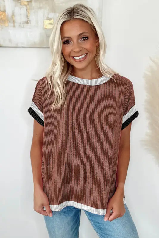 Coffee t-shirt - textured contrast trim round neck - tops/tops & tees