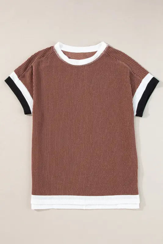 Coffee t-shirt - textured contrast trim round neck - tops/tops & tees