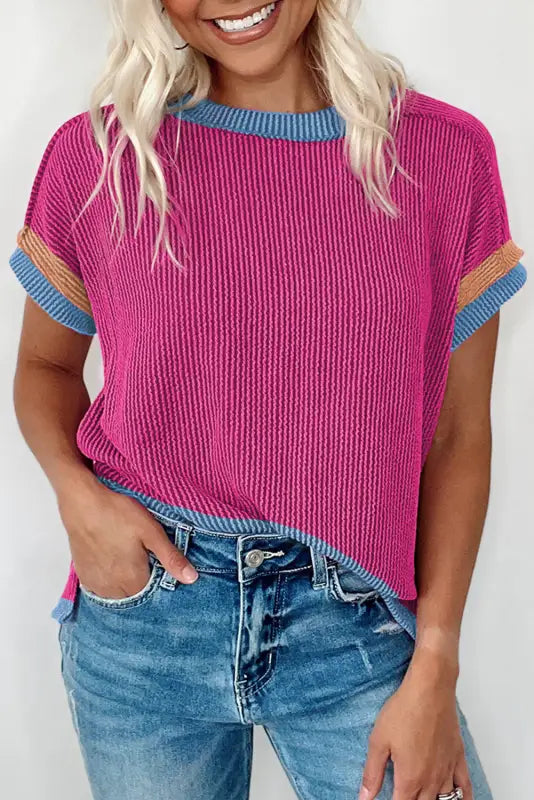 Coffee t-shirt - textured contrast trim round neck - bright pink / s / 75% polyester + 20% viscose + 5% elastane