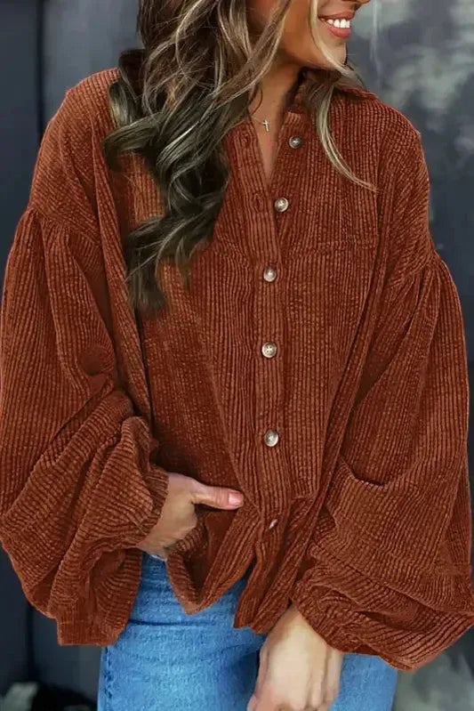 Coffee Textured Corduroy Puff Sleeve Shacket - Fashionfitz