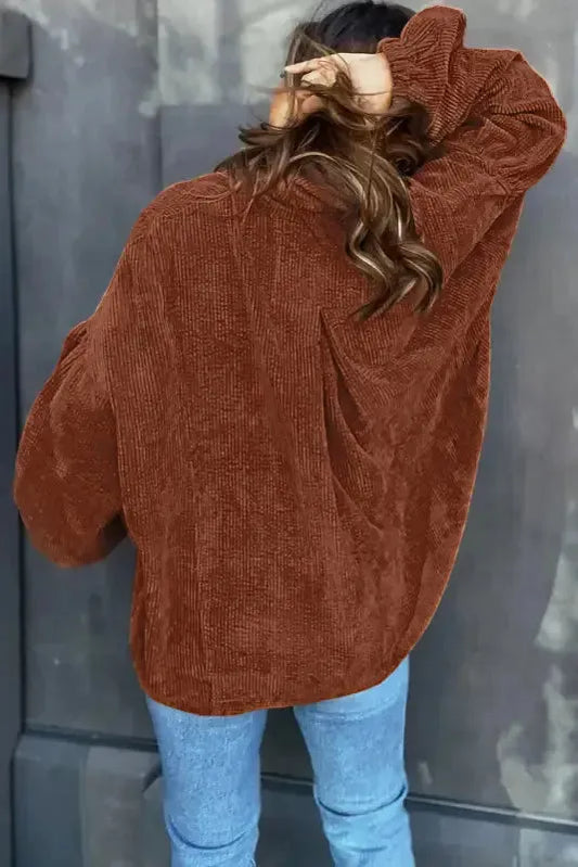 Coffee Textured Corduroy Puff Sleeve Shacket - Fashionfitz