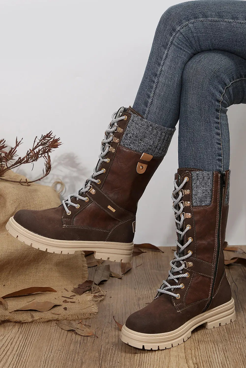 Coffee wool knit patchwork lace up leather boots - 37 /